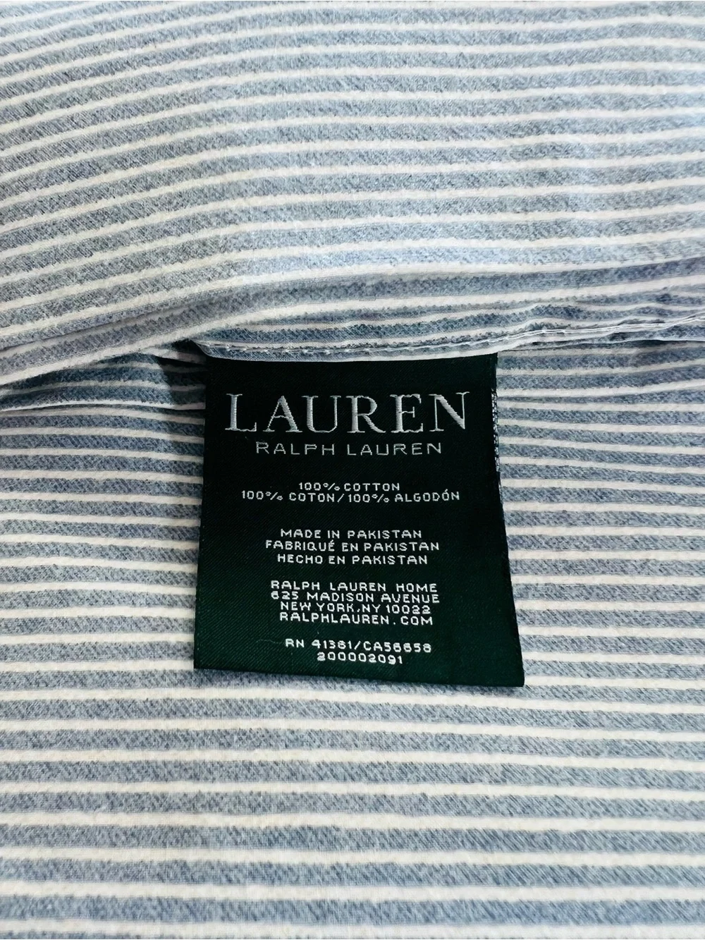 Lauren Ralph Lauren QUEEN Flat Sheet Blue White Chambray Stripe Farmhouse